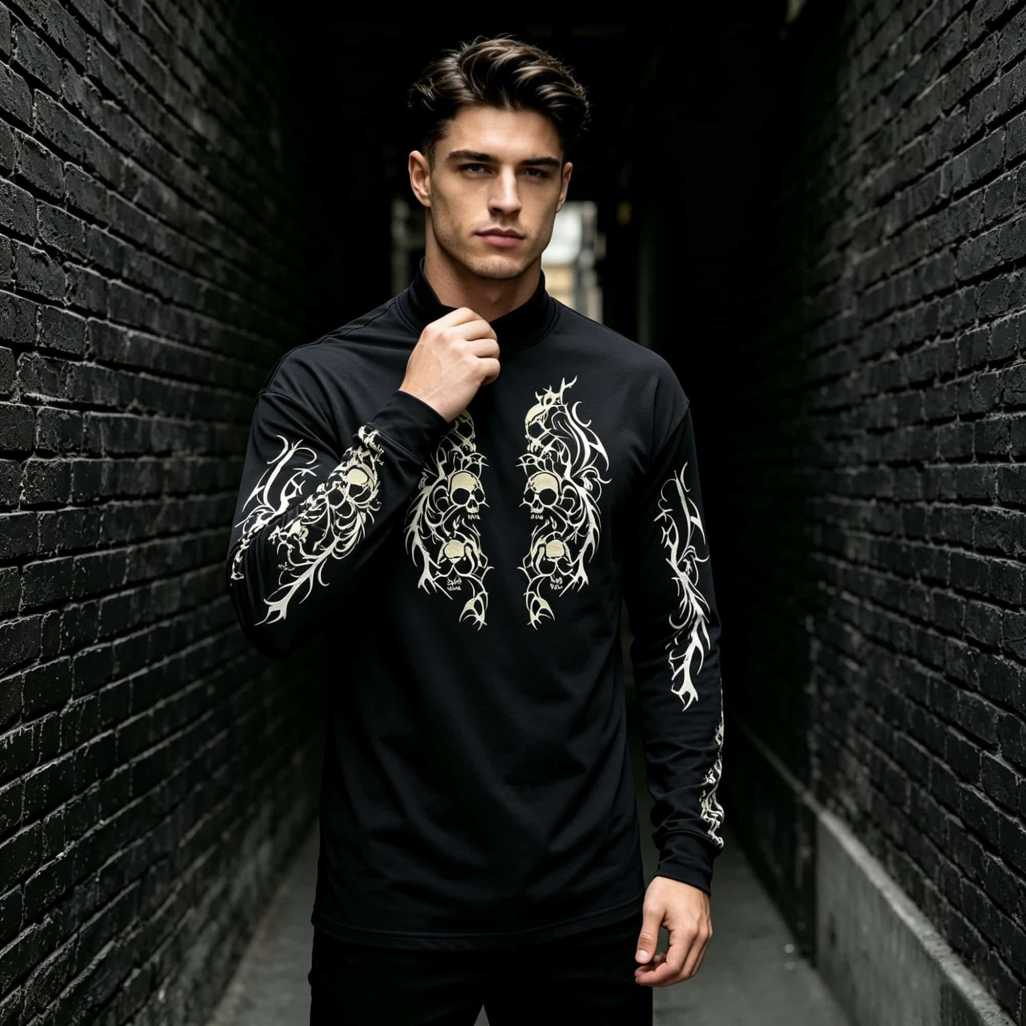 Tee Graphic Print - Dark Tattoo‑Graphic Men Mock Neck Long