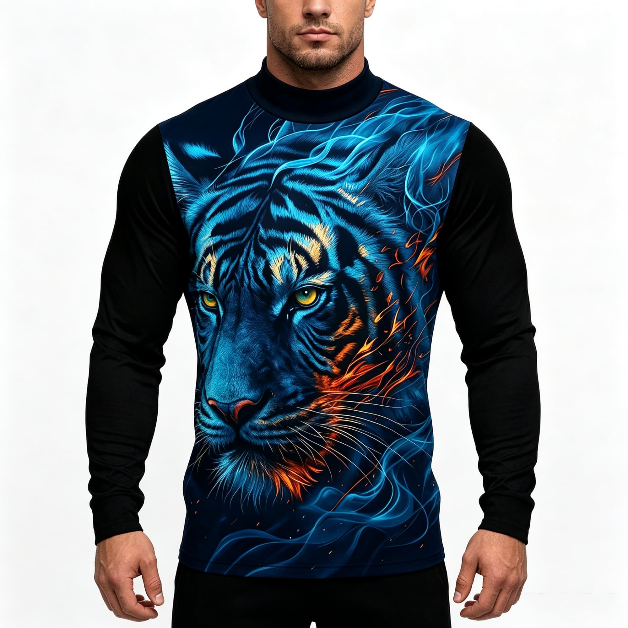 Tee Graphic Print - Neon Blue Flame Tiger Animal Art