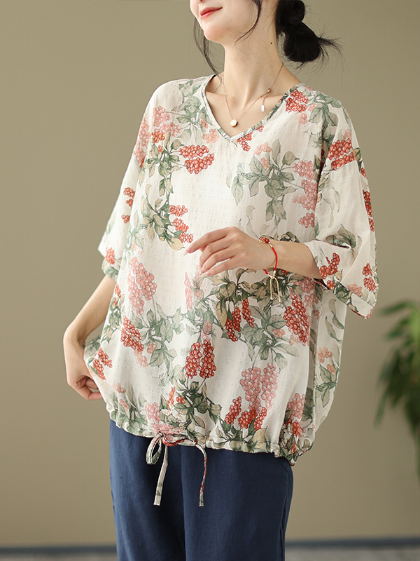 Summer Loose Cotton Linen Prin - Short Linen Drawstring recension och pris