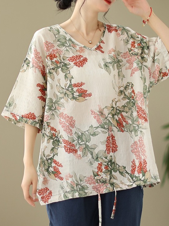 Summer Loose Cotton Linen Prin - Short Linen Drawstring recension och pris
