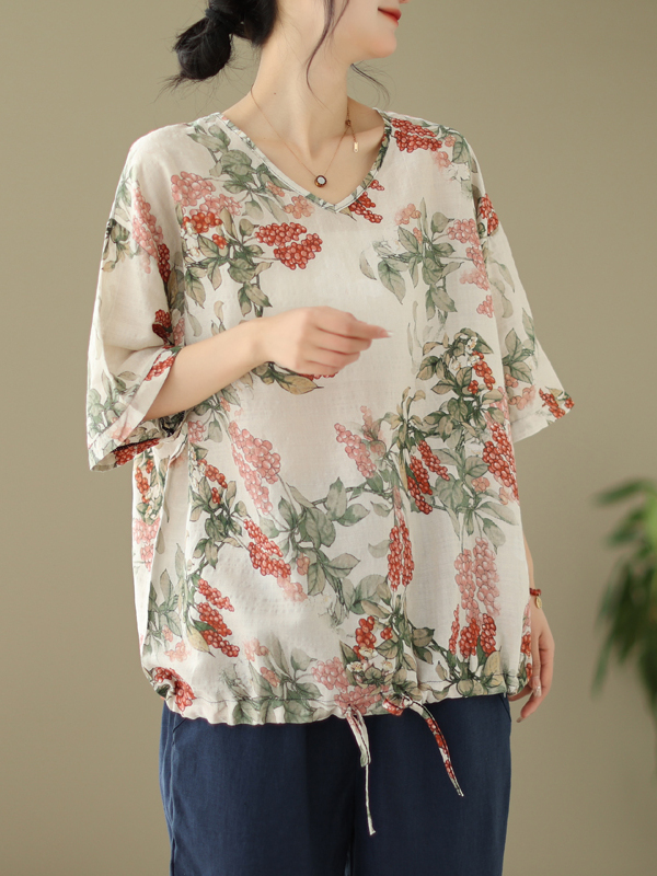 Summer Loose Cotton Linen Prin - Short Linen Drawstring recension och pris