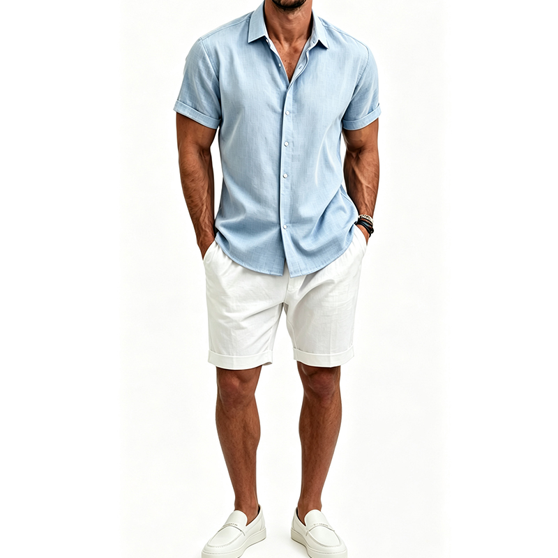 Men's  Cotton Linen Shirt Set  - Short Linen Drawstring recension och pris