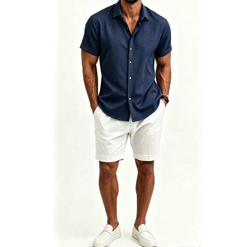 Men's  Cotton Linen Shirt Set  - Short Linen Drawstring recension och pris